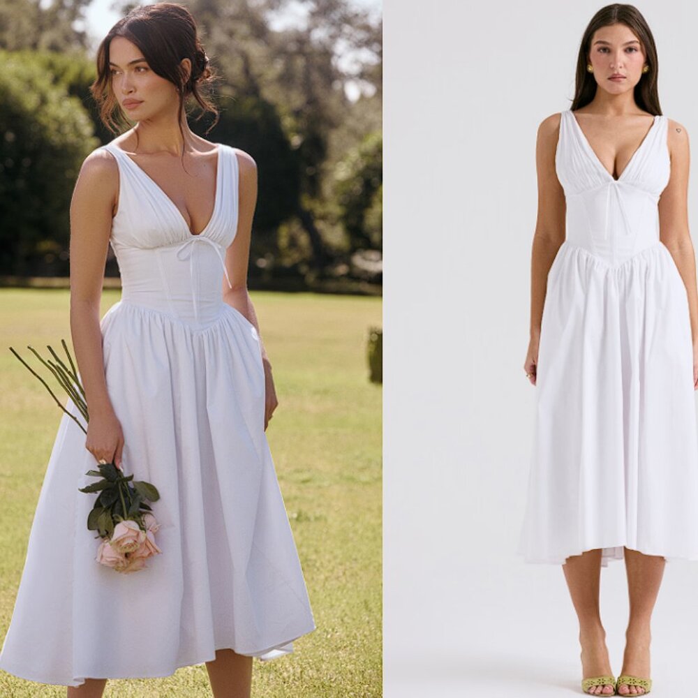 House of CB 'Emiliana' White Cotton Corset Midi Sundress NWOT